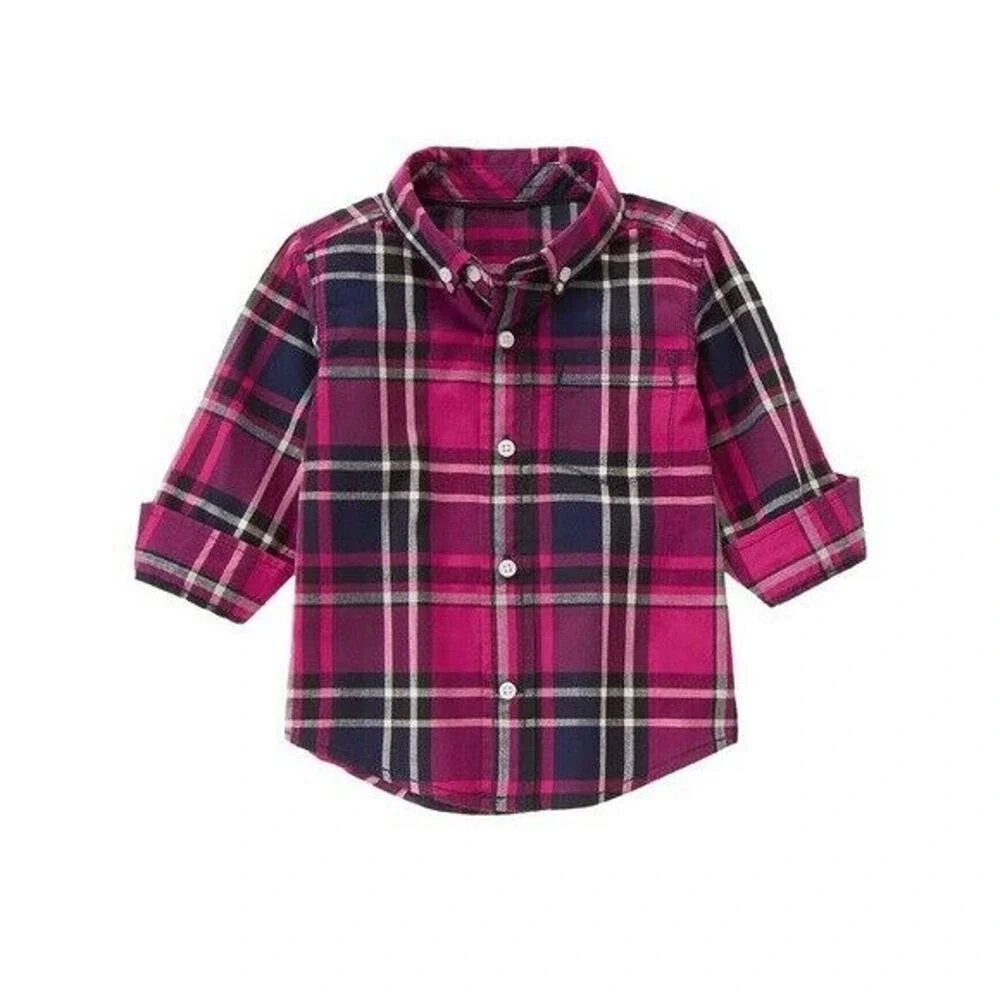 Gymboree Boys Shirt Size 18-24 Mo Fuchsia Plaid Holiday Gems Button Up Front NEW